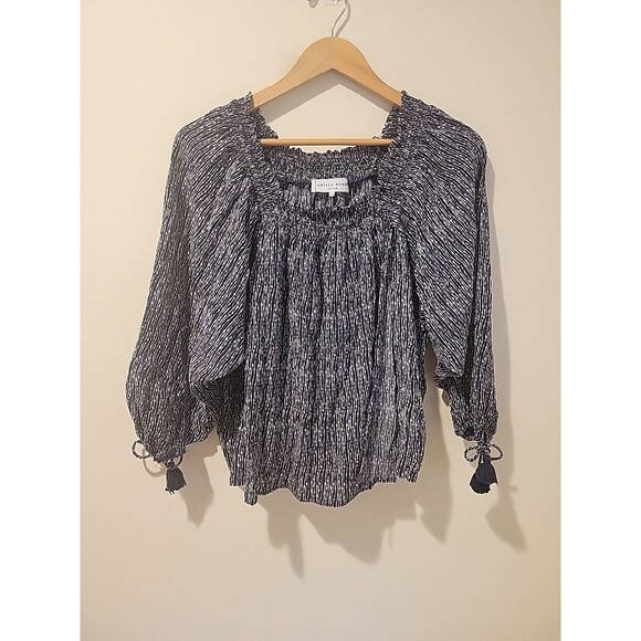 Apiece Apart Glorieta Top Navy Cactus Stripe Print Silk Tassel Tie Sleeves Sz 4 - Picture 2 of 7